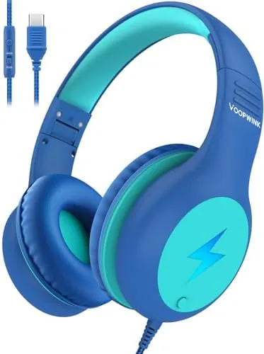 Voopwink kids headphones with USB-C cord and LED ear cups