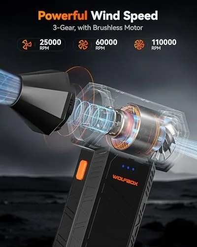 Close look at the WOLFBOX MegaFlow 50 Compressed Air Duster, 110,000 RPM, 3-Gear Adjustable build quality