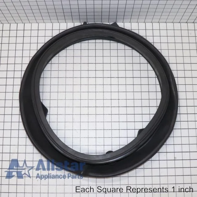 The bellow installed on the washer door showing the seated spring ring