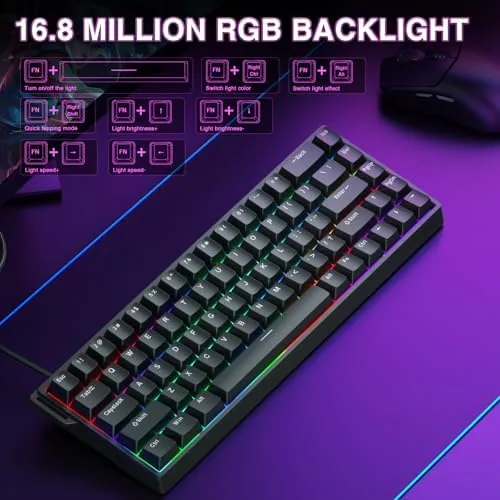 The WIN68 HE keyboard packed in a laptop bag showing its compact size