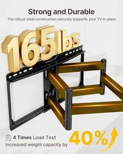 The mount extended fully from the wall with a TV attached showing the reach