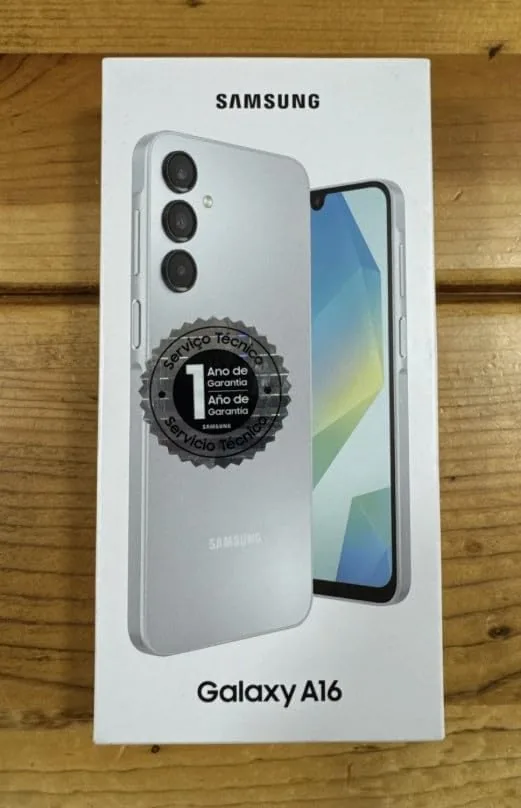 The Samsung Galaxy A16 showing the 6.7 inch display on a desk