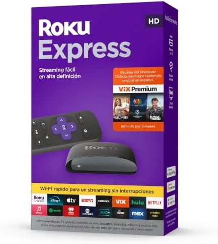 Roku Express streaming device with its remote next to a TV