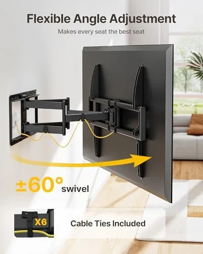 A living room with the mounted TV angled toward a sectional couch