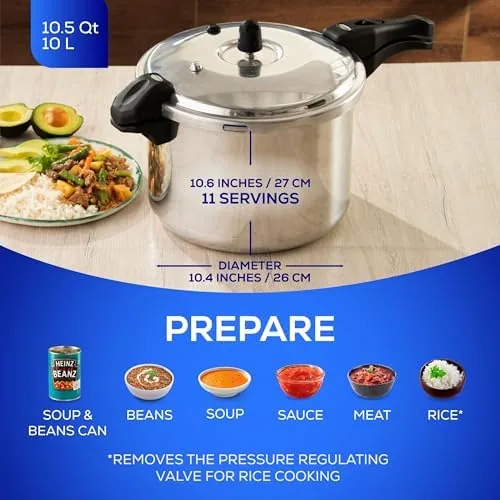 Close up of the locking lid, pressure indicator pin, and handle of the cooker
