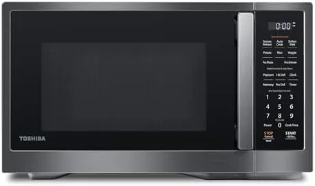 The Toshiba 1000W smart sensor microwave on a kitchen countertop