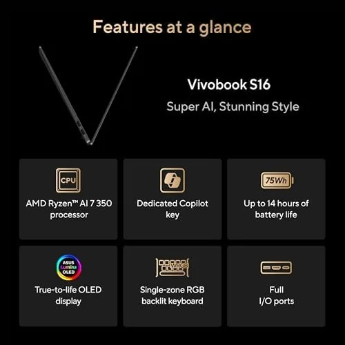 Detail shot of the ASUS Vivobook S16 Laptop, Copilot+ PC, AMD Ryzen AI 7 features
