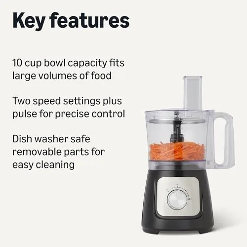 The Amazon Basics food processor with the lid removed showing the stainless steel blade