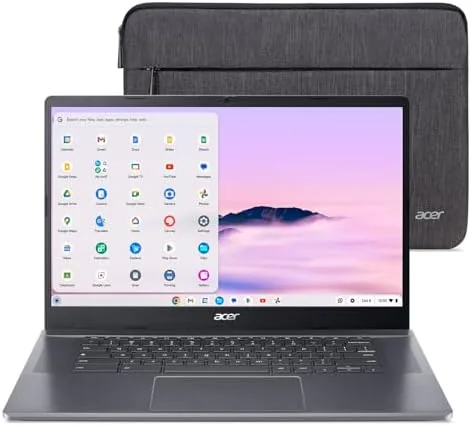 The Acer Chromebook Plus 515 open on a desk with its aluminum lid visible