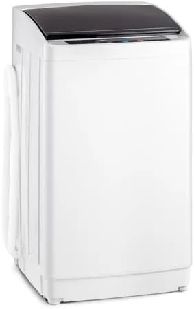 The ROVSUN 17.8LBS portable washing machine in a small apartment bathroom