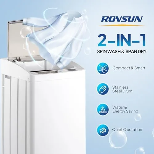 Open lid of the ROVSUN washer showing the stainless steel drum interior