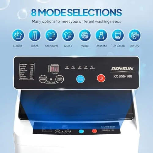 Control panel of the ROVSUN portable washer showing the wash program buttons