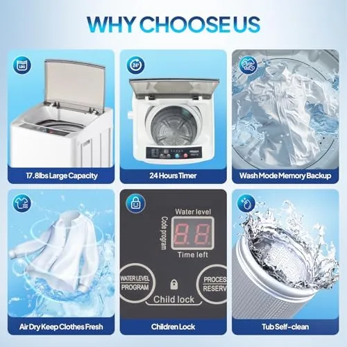 The ROVSUN washer parked in a closet with the drain hose stowed after use