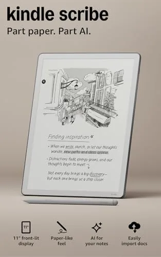 The Kindle Scribe 32GB showing a book page with its Premium Pen resting on top