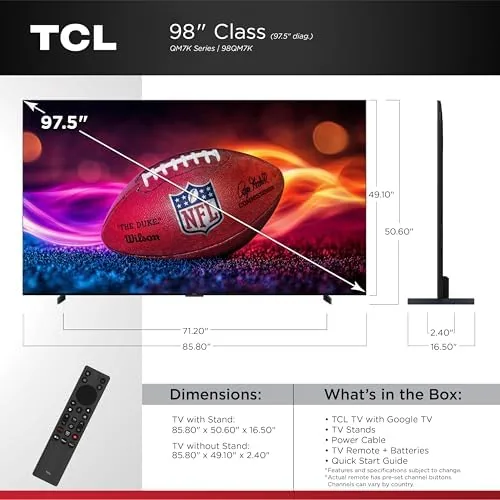 Rear view of the TCL 98QM7K showing the connection panel and cable routing