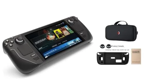 The Steam Deck OLED held in two hands showing its bright display and controls