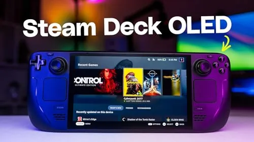 Close view of the Steam Deck OLED screen running a colorful HDR game
