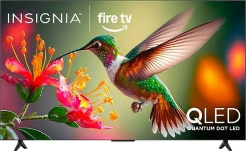 The INSIGNIA 65-inch QF Series QLED Fire TV on a media stand in a living room