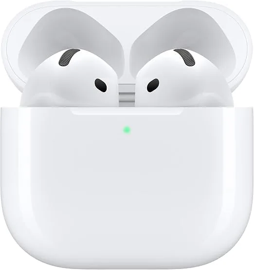 The AirPods 4 charging in their USB-C case with the status light lit
