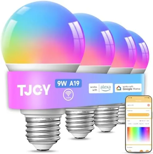 Four TJOY smart light bulbs glowing in color across a living room lamp
