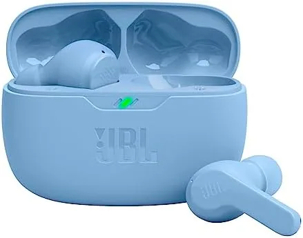 The JBL Vibe Beam earbuds and charging case in blue on a table