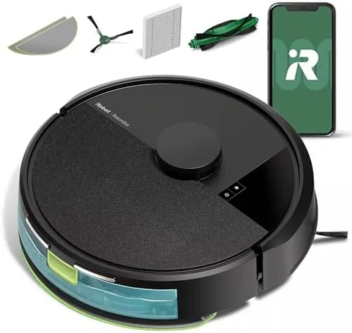 The iRobot Roomba 105 Combo on a hardwood floor with its LiDAR tower visible