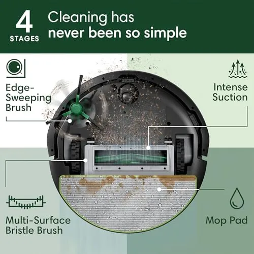 The Roomba 105 Combo mopping a kitchen floor with the pad attached