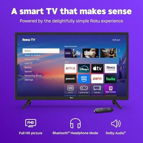 The Roku home screen showing streaming channels on the 32-inch television