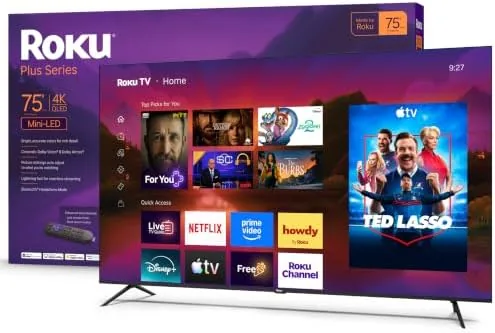 The Roku 75-inch Plus Series television on a low media console in a living room