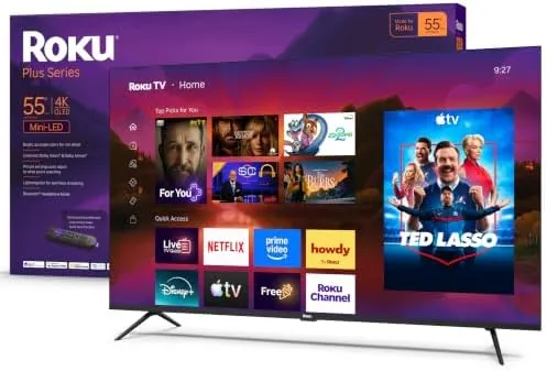 The Roku 55-inch Plus Series television mounted on a wall in a living room