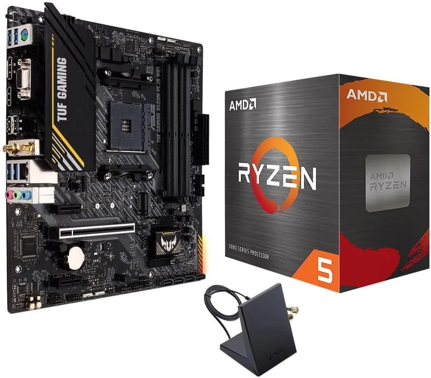 The Micro Center Ryzen 5 5500 and ASUS TUF A520M motherboard bundle on a desk