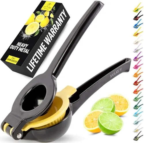 The Zulay metal 2-in-1 lemon squeezer in black and yellow on a kitchen counter