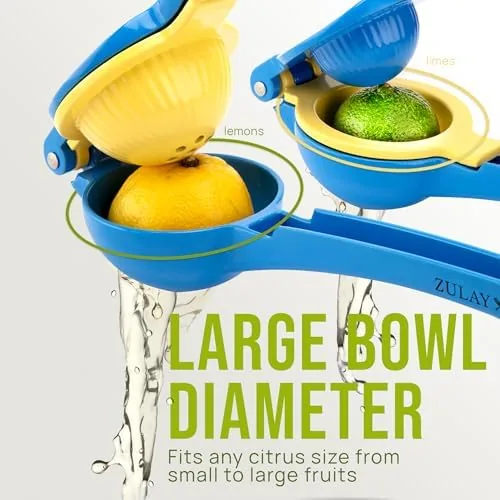 Close up of the blue and yellow finish and the two bowls on the Zulay squeezer