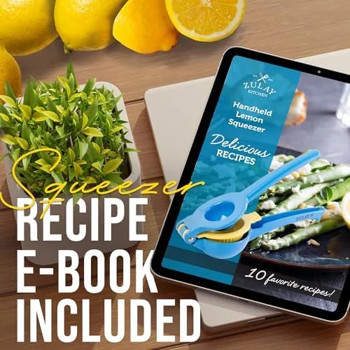 A pitcher of fresh lemonade beside the Zulay blue squeezer on the counter