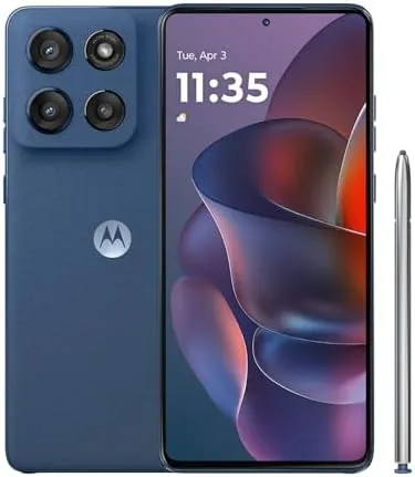 The Motorola Moto G Stylus 2025 in Pantone Gibraltar Sea sitting on a desk