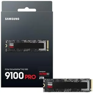 Benchmark screen showing sequential read and write results for the 9100 PRO