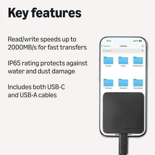 Close look at the Amazon Basics Portable External SSD, 1TB, 2000MB/s Speeds, USB 3.2 build quality