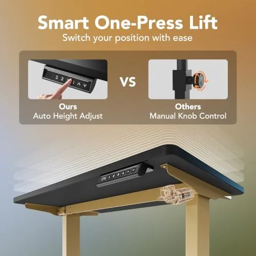 The HUANUO desk beside a basic single motor desk and a full size dual motor desk
