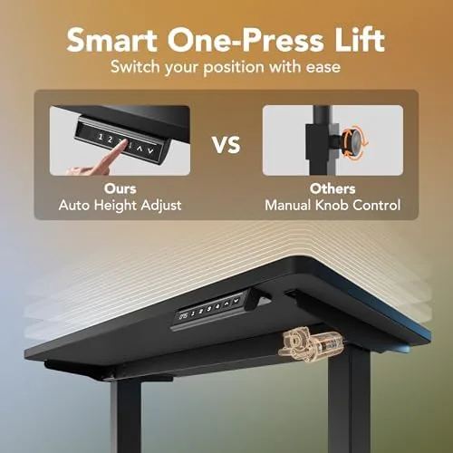 The HUANUO desk beside a fixed height desk and a manual crank desk for comparison