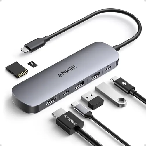 The Anker 7-in-1 USB-C hub on a desk connected to a laptop