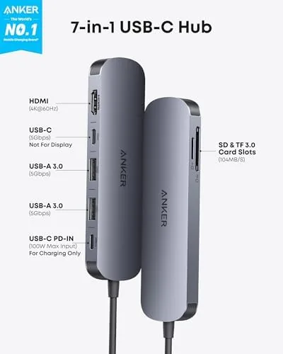 Close up of the Anker hub showing the HDMI, USB, and card reader ports