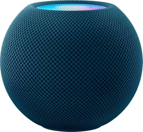 Blue Apple HomePod mini on a shelf in a bright room