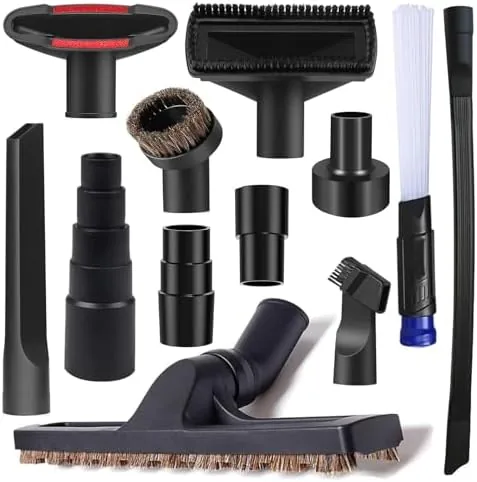 The full 12 piece shop vac attachment kit laid out on a workbench