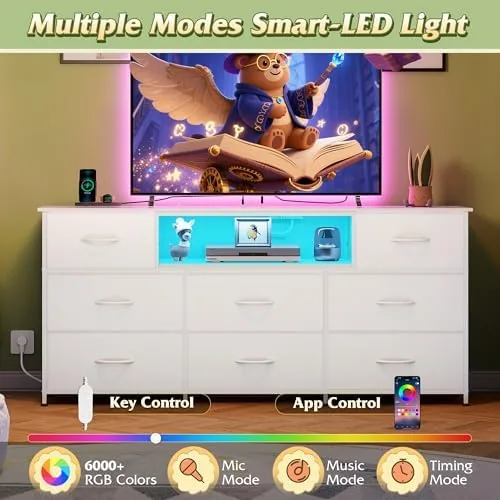 Detail shot of the WLIVE LED Dresser TV Stand for 65 Inch TV, 8 features