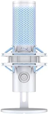 HyperX Quadcast 2 Frost USB microphone on a desk with a <a href=