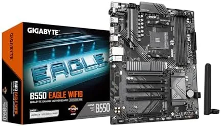 GIGABYTE B550 Eagle WIFI6 motherboard laid out on a workbench