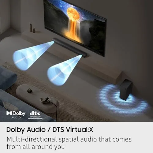 A movie scene playing with the soundbar active below the TV