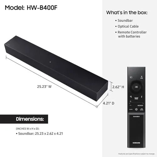 Close view of the Samsung HW-B400 grille and top controls