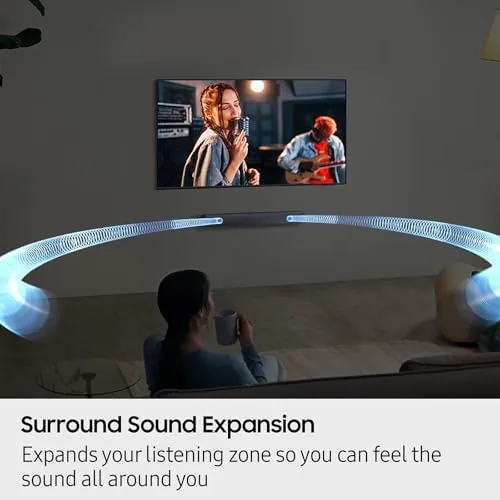 The Samsung HW-B400 on a media stand in a bright living room