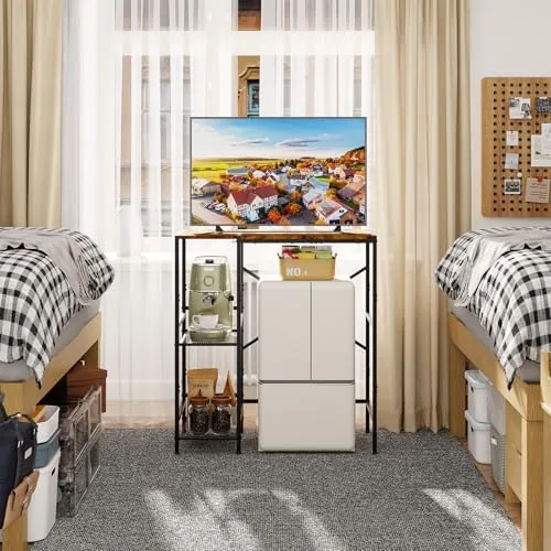 The Mini Fridge Stand with Storage Shelves Dorm Microwave Stand Reversible in real use